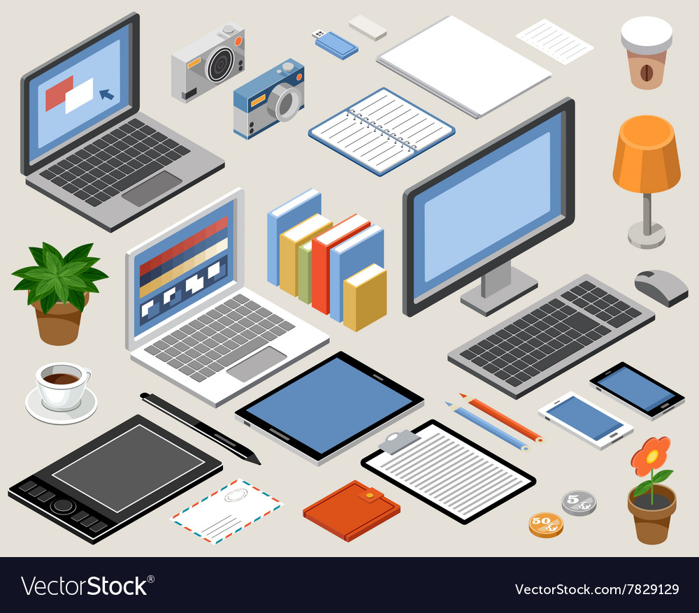 Flat isometric workspace laptop tablet Royalty Free Vector