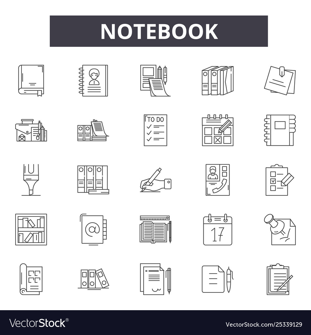 Notebook line icons signs set linear vector image Notebook line icons signs set linear