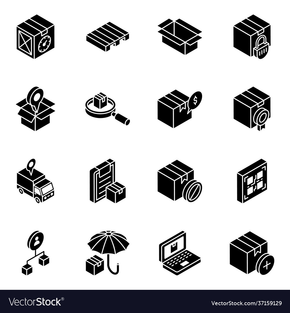 Pack logistic delivery glyph isometric icons