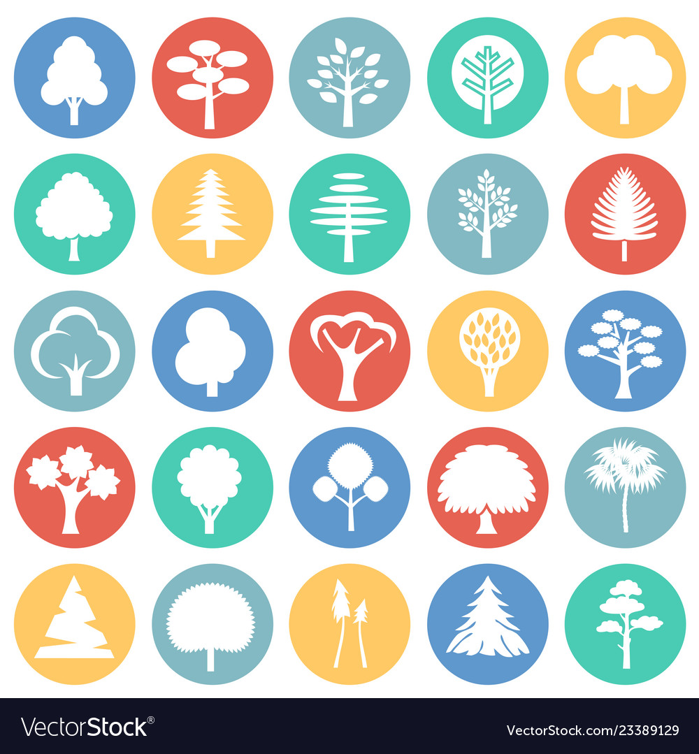 Trees icon set on color circles background vector image Trees icon set on color circles background