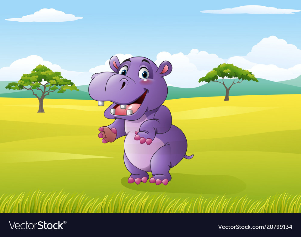 Cartoon funny hippo in the jungle