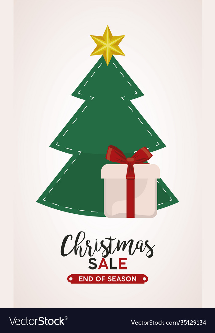 Merry christmas sale lettering with gift and pine Vector Image