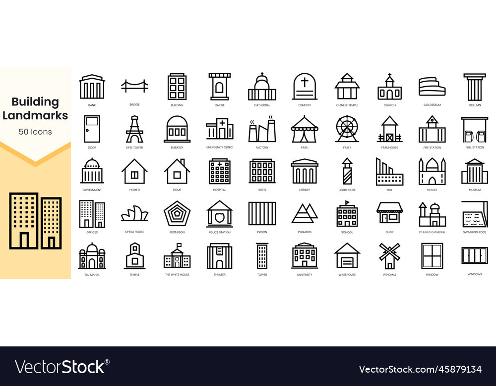 Set of building landmarks icons simple line art vector image Set of building landmarks icons simple line art