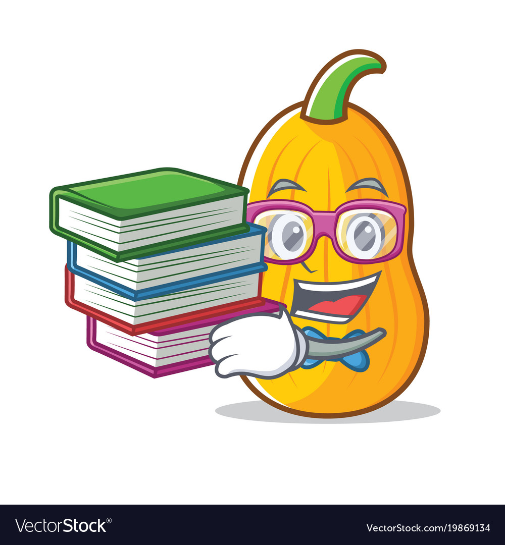 Student with book butternut squash mascot cartoon