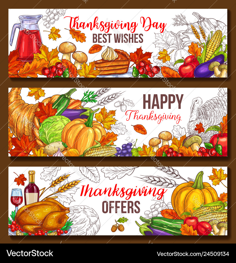 Thanksgiving Day Sketch Harvest Banners Royalty Free Vector