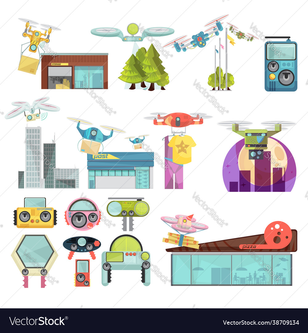 Using drone flat set vector image Using drone flat set