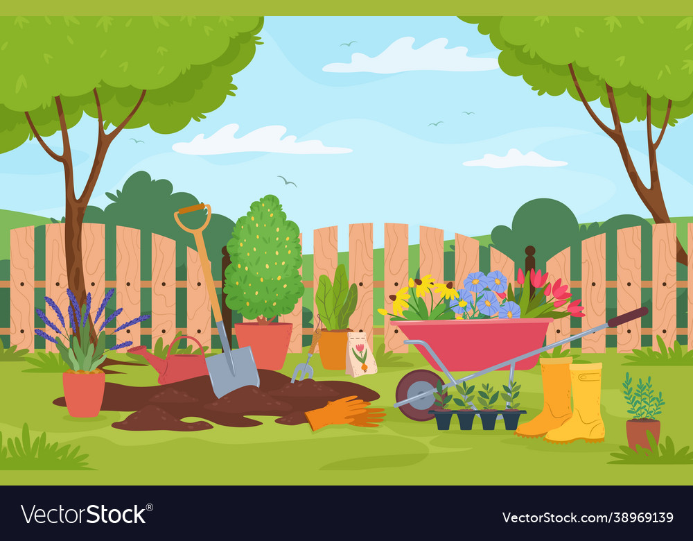 Garden Landscape With Plants Trees Fence Vector Image