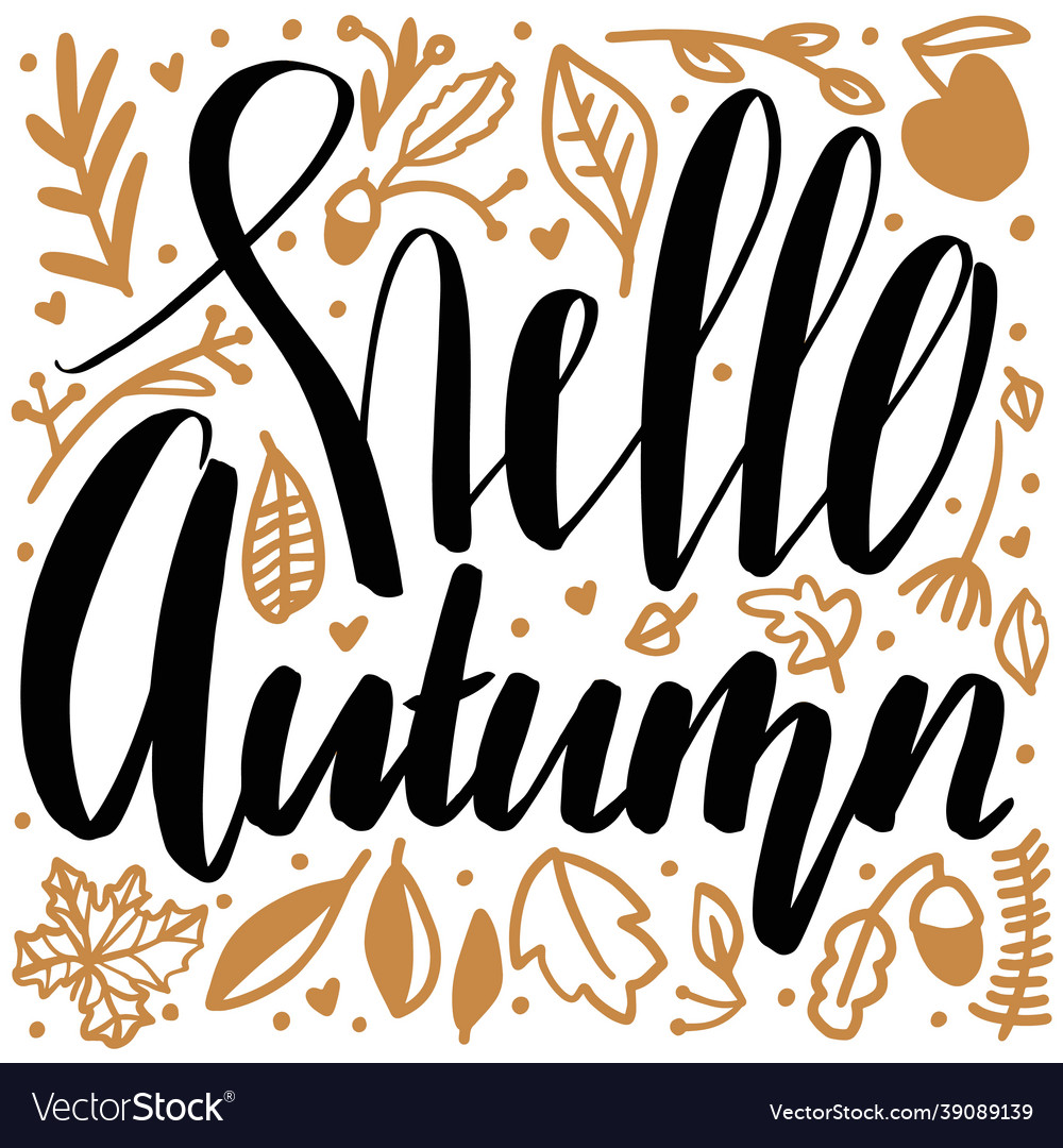 Hello autumn lettering phrase with doodle