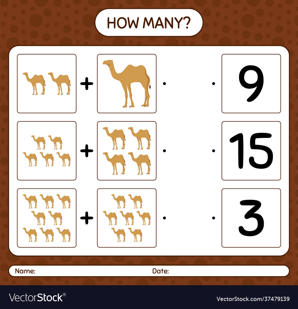 How many counting game with camel worksheet vector image How many counting game with camel worksheet