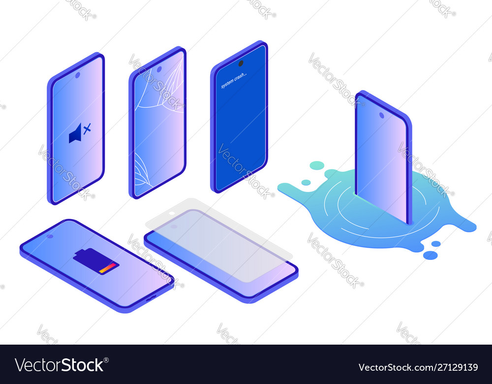 Isometric broken smartphone damaged water