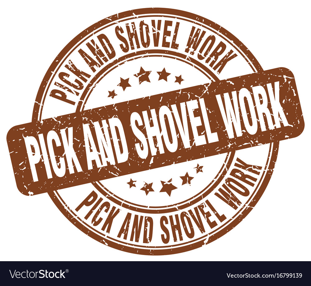 Pick and shovel work brown grunge stamp Royalty Free Vector