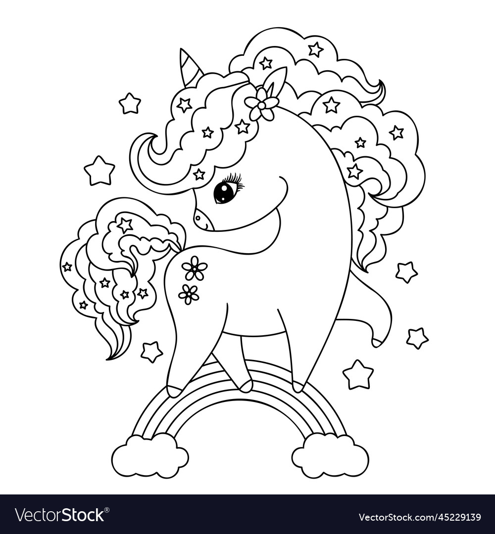 Unicorn on the rainbow black and white linear Vector Image