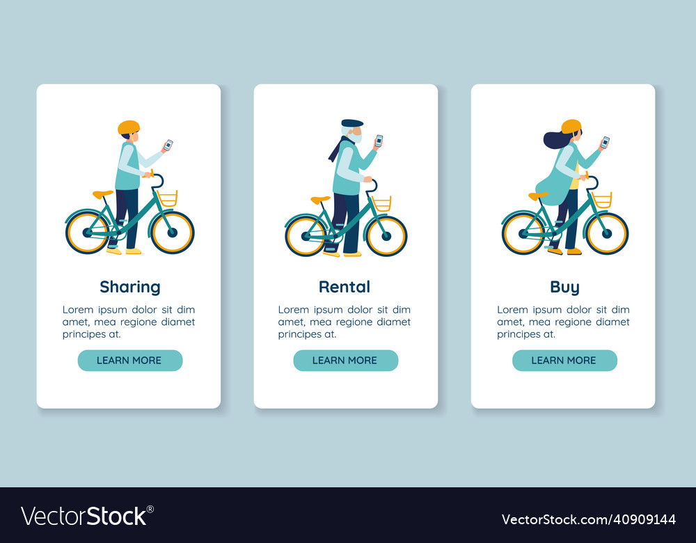 Bicycle rental share and sale in mobile app page Vector Image