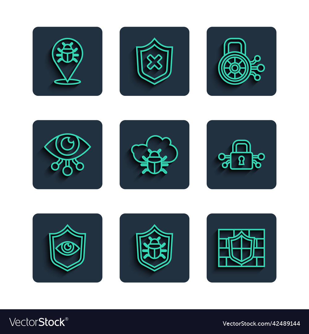Set line shield and eye system bug with brick vector image Set line shield and eye system bug with brick