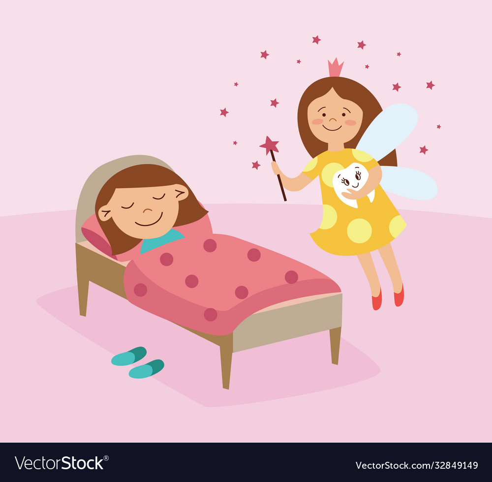 A tooth fairy flew in to little girl sleeping Vector Image