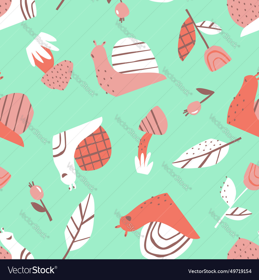 Seamless pattern with cute snails scattered