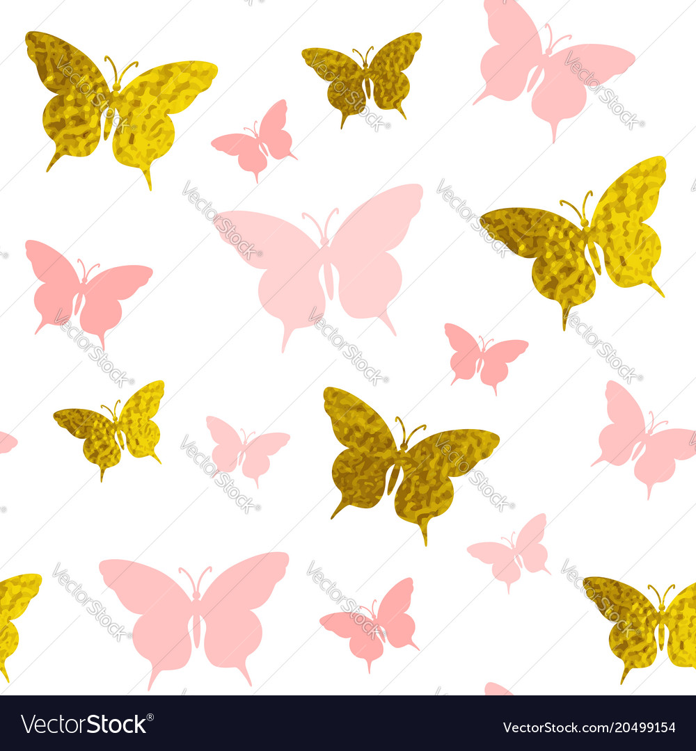 Seamless pattern with pink and golden butterflies