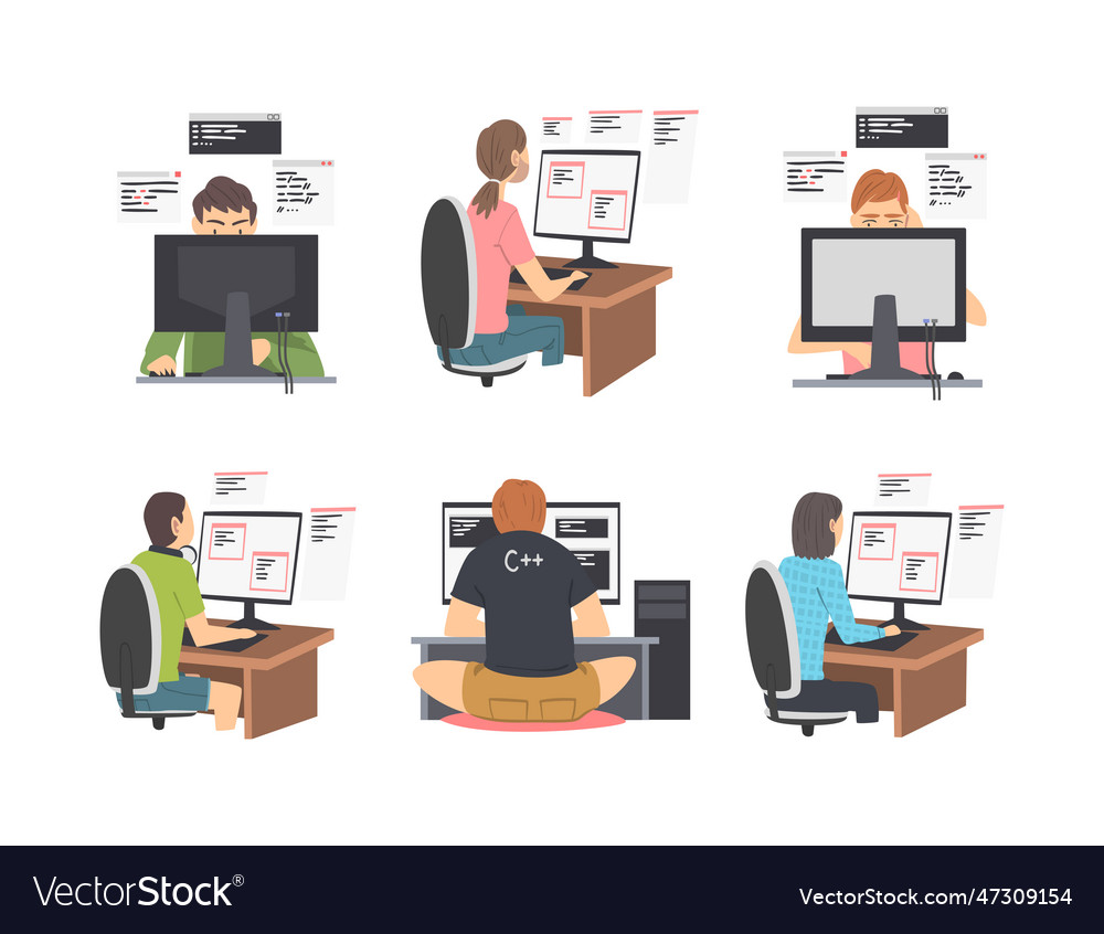 Web developer or programmer working in front vector image Web developer or programmer working in front