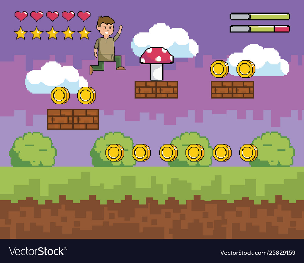 Arcade game world and pixel scene design