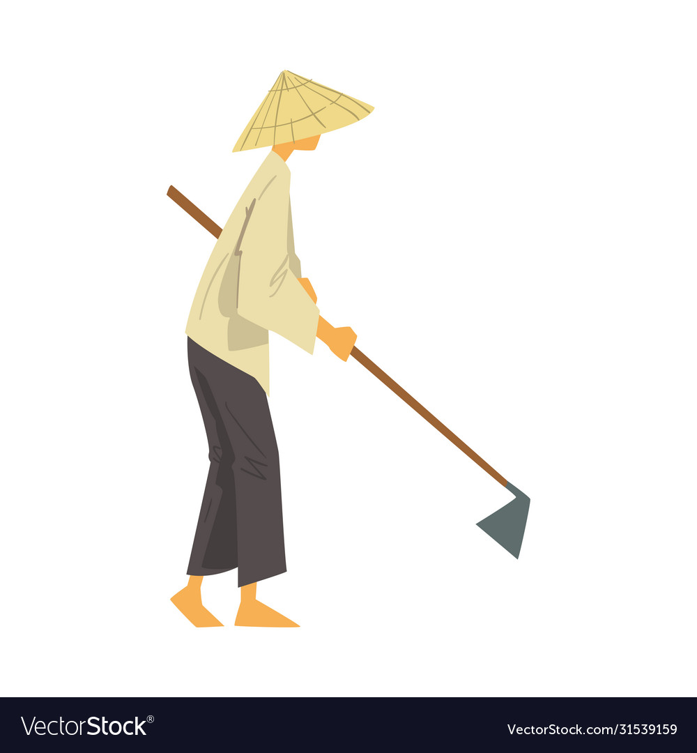 Asian Farmer In Straw Conical Hat Working With Hoe