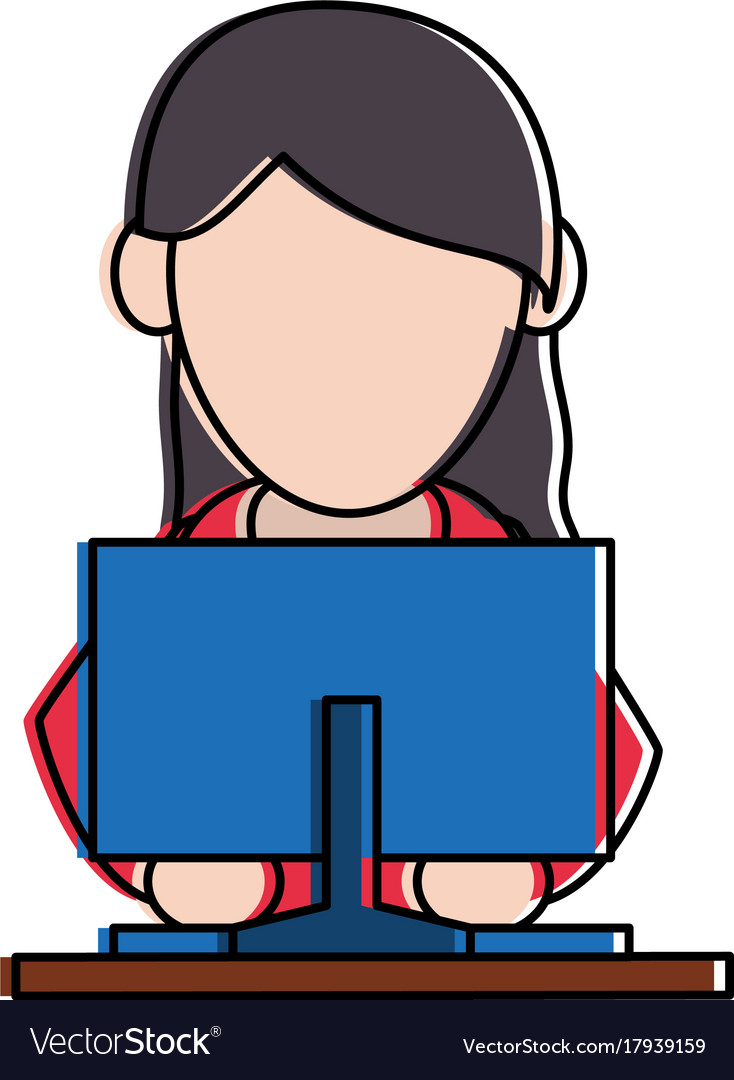 Woman using computer icon image frontview