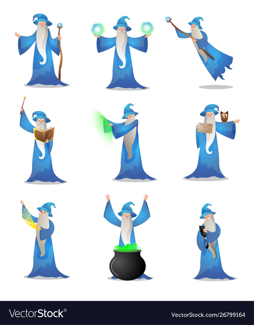 Colorful set wizard character in various action vector image Colorful set wizard character in various action