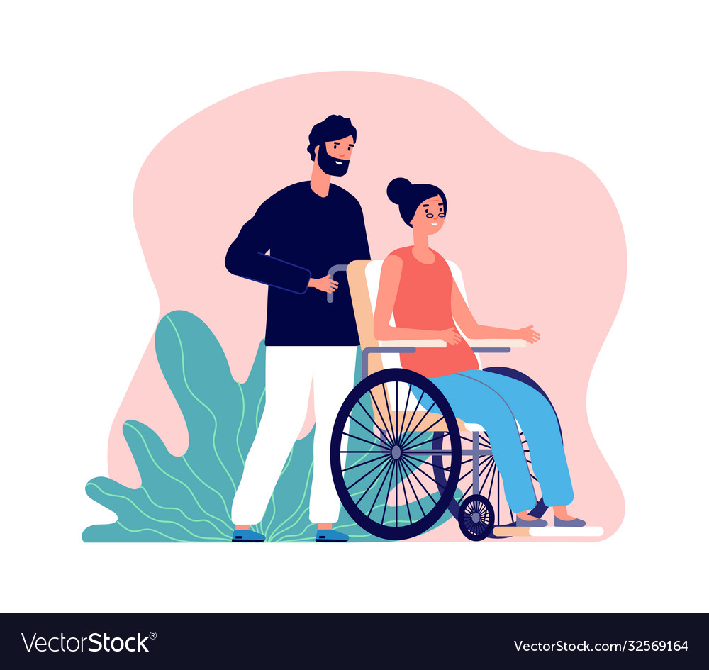 Man helping old woman in wheelchair and young Vector Image