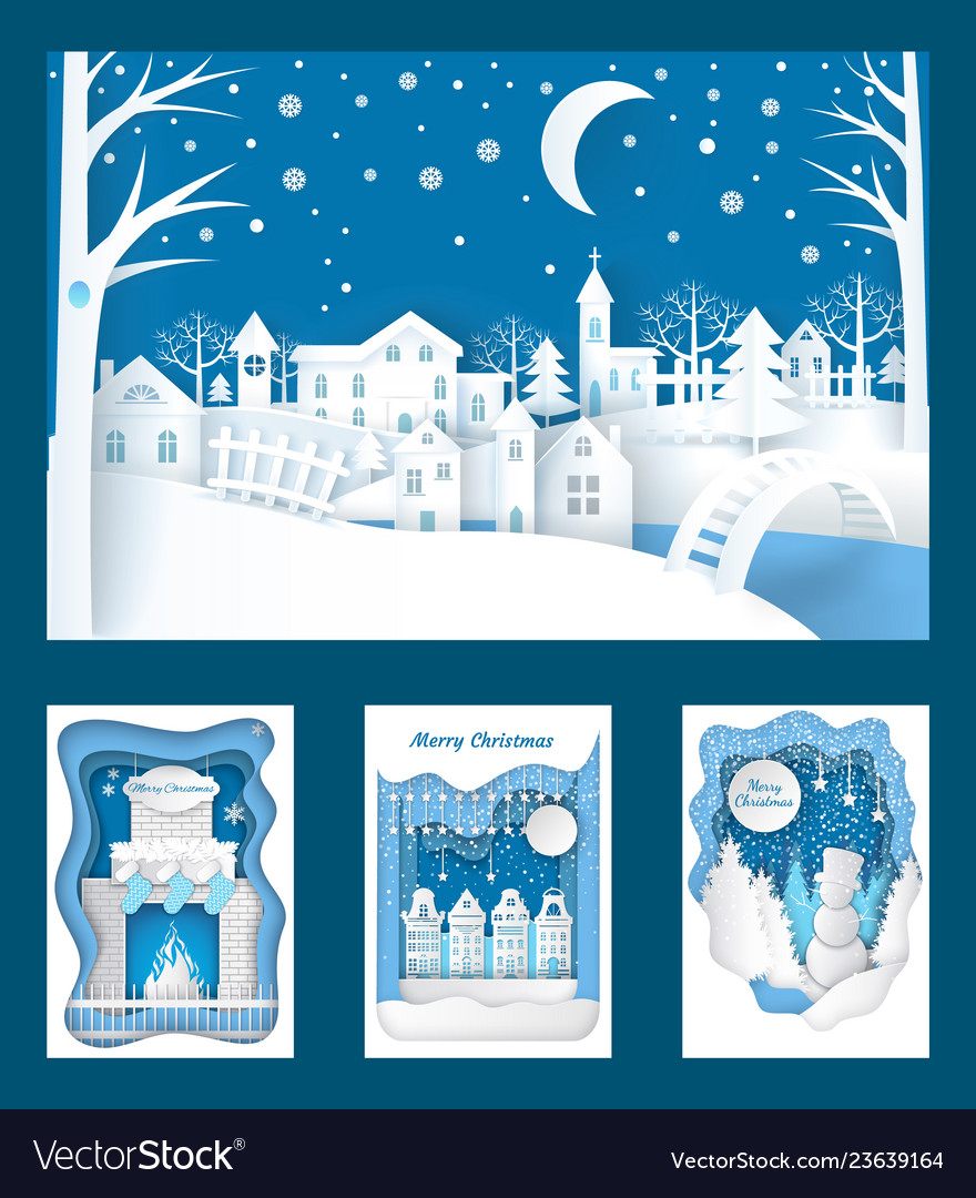 Merry christmas paper cuts of town and nature Vector Image