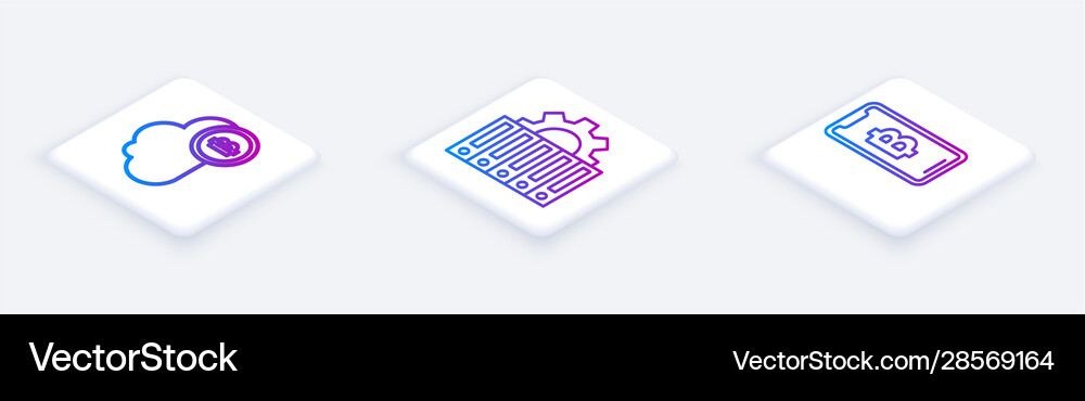 Set isometric line cryptocurrency cloud mining Vector Image