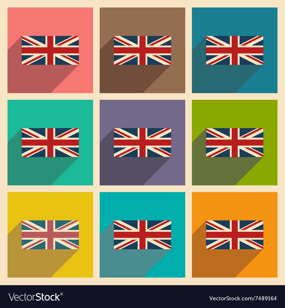 Set of flat icons with long shadow british flag