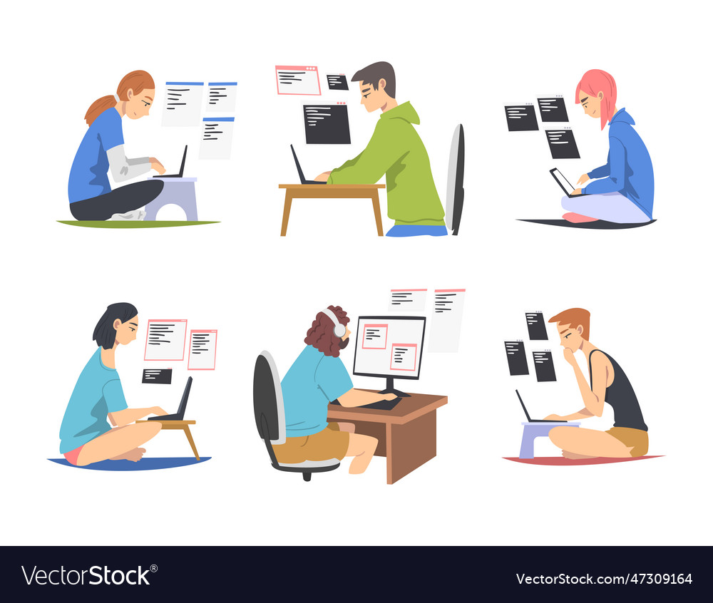 Web developer or programmer working in front vector image Web developer or programmer working in front