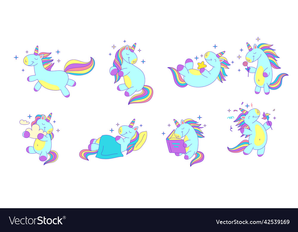 Cartoon color characters unicorns icons set vector image Cartoon color characters unicorns icons set