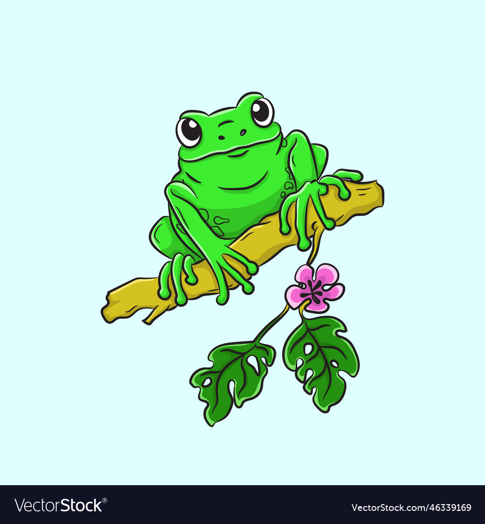 Cute Cartoon Frog on Branch