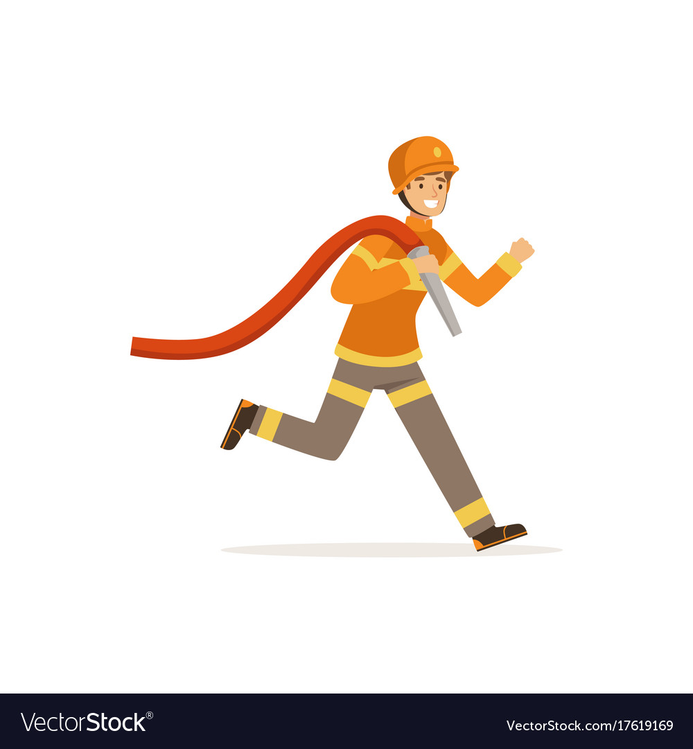 Fireman character running with water hose Vector Image