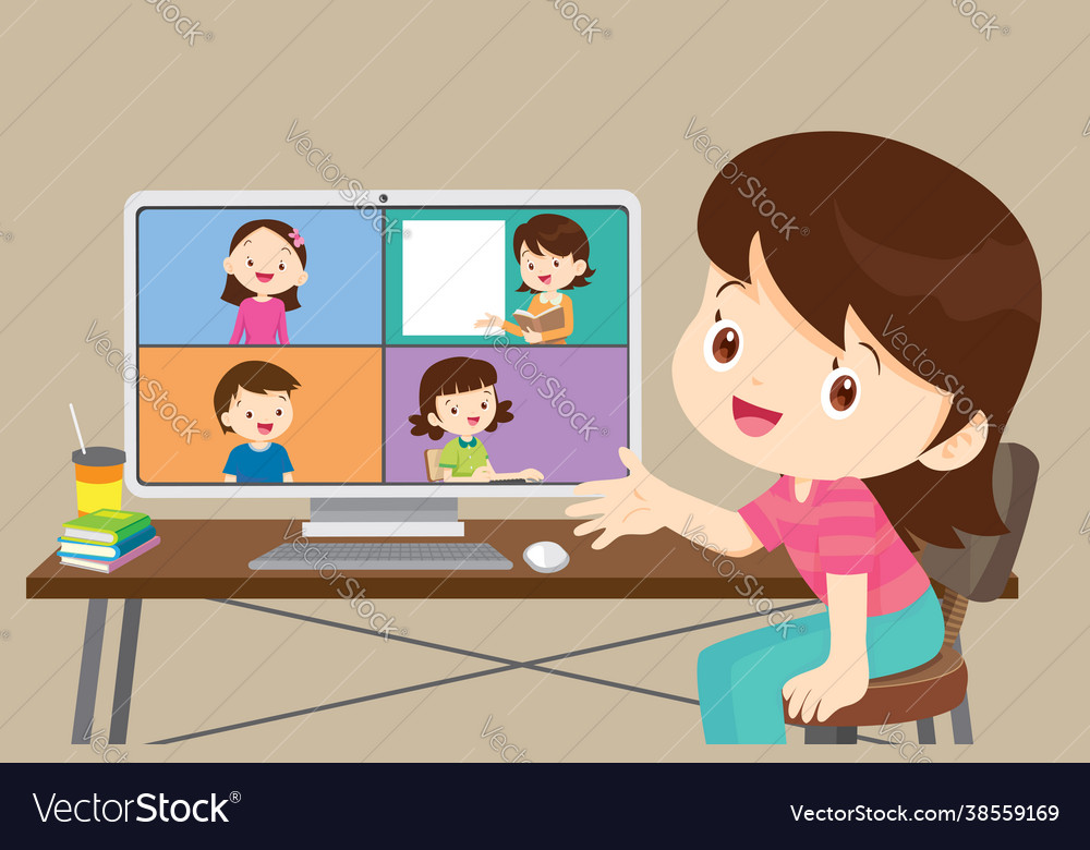 Online learning children girl using computer Vector Image