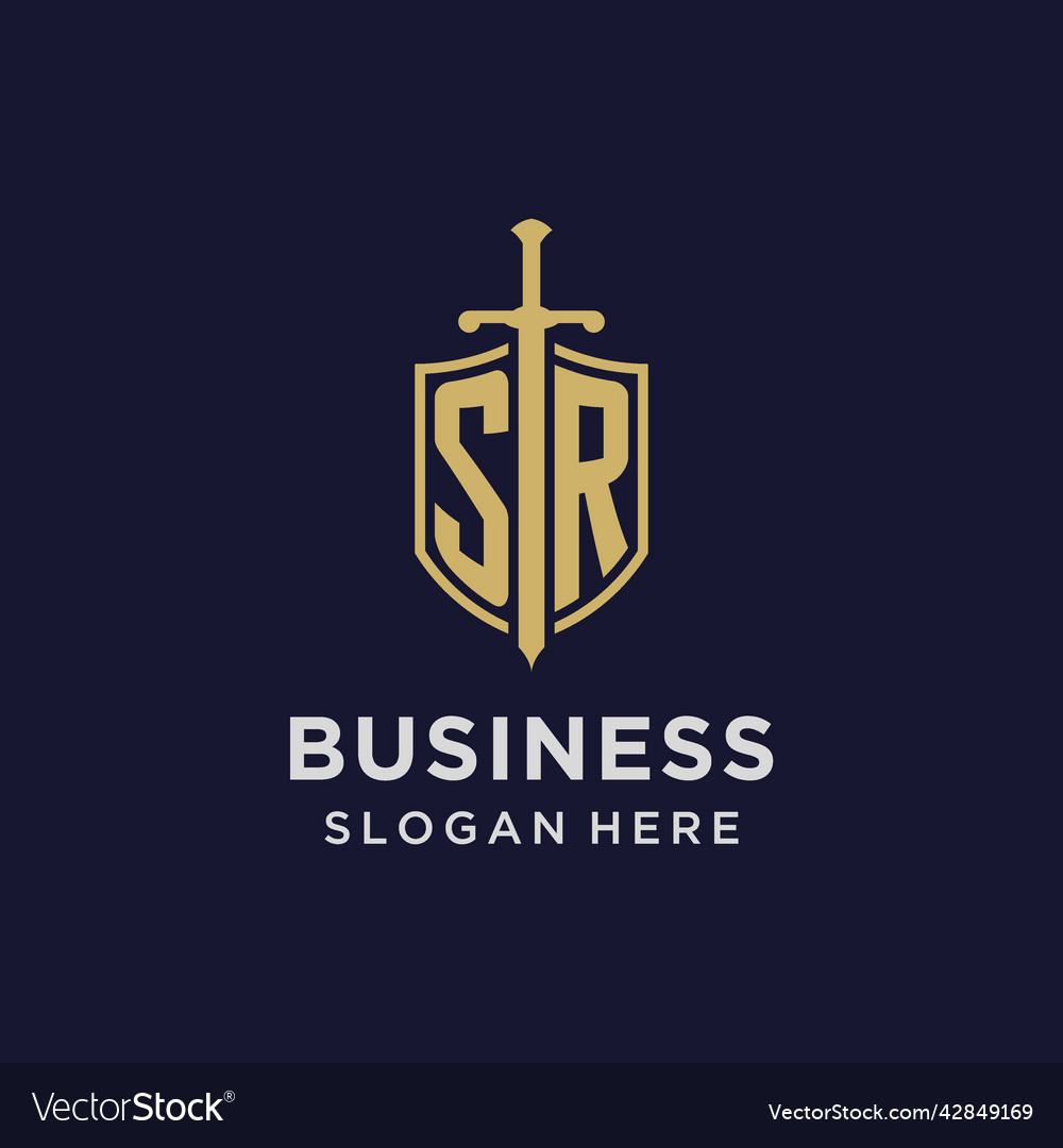 Sr logo initial monogram with shield and sword