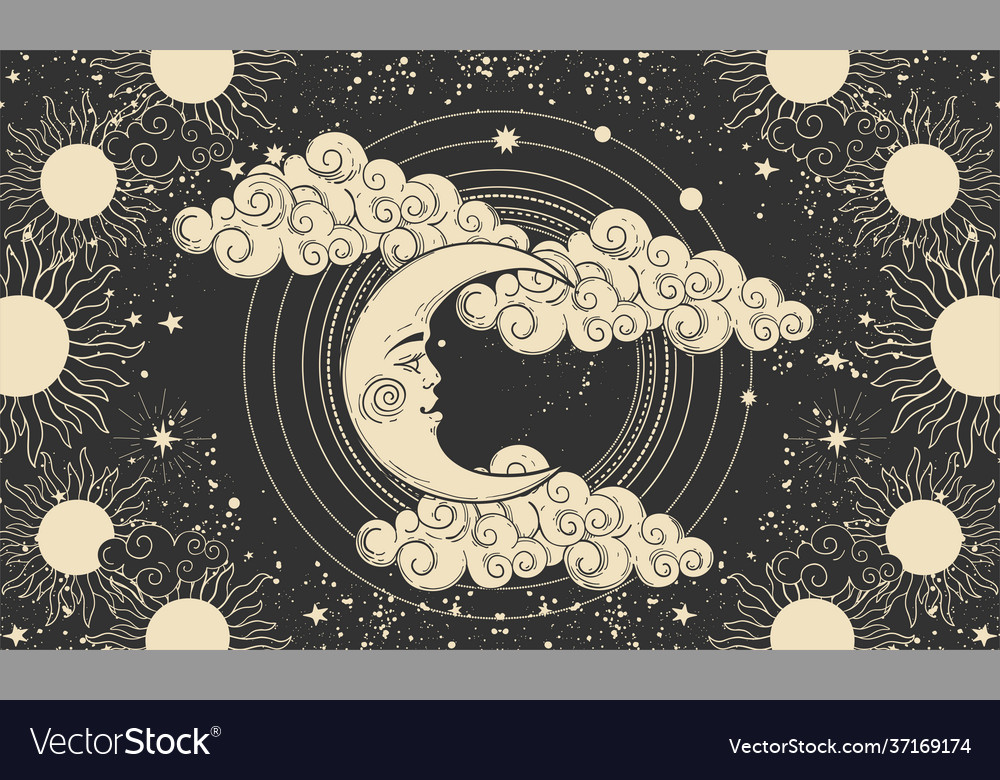 Heavenly banner crescent moon with a face Vector Image