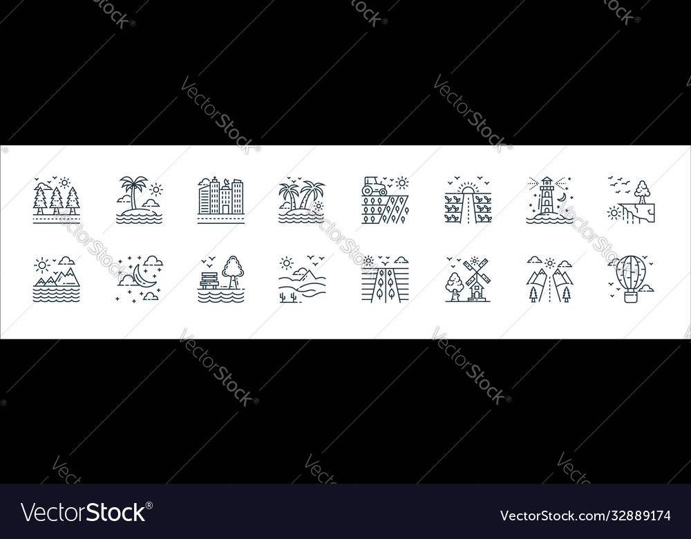 Nature and landscape line icons linear set