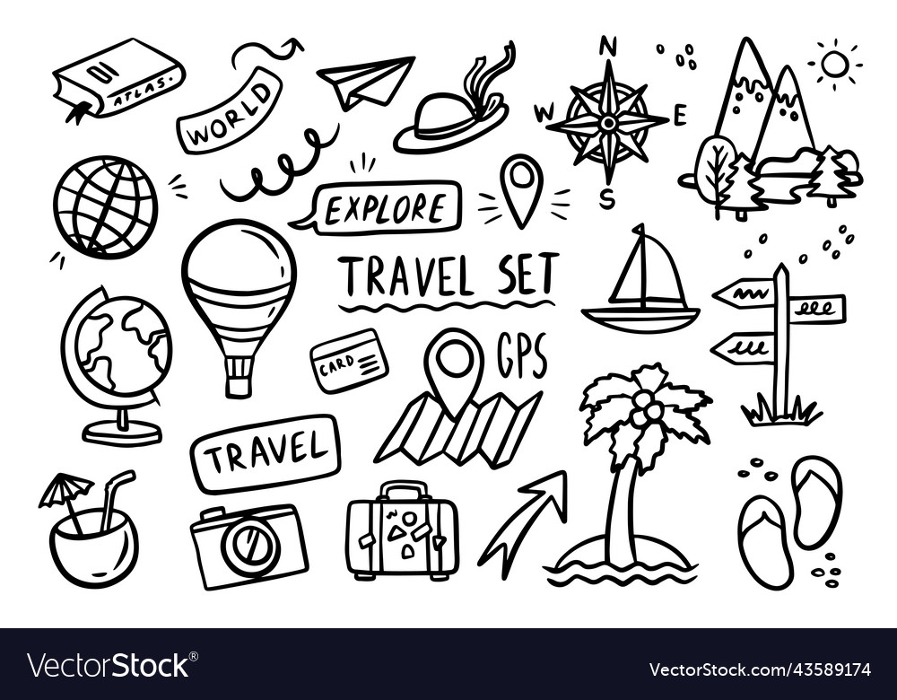 Set travel outline doodle signs tourism vector image Set travel outline doodle signs tourism