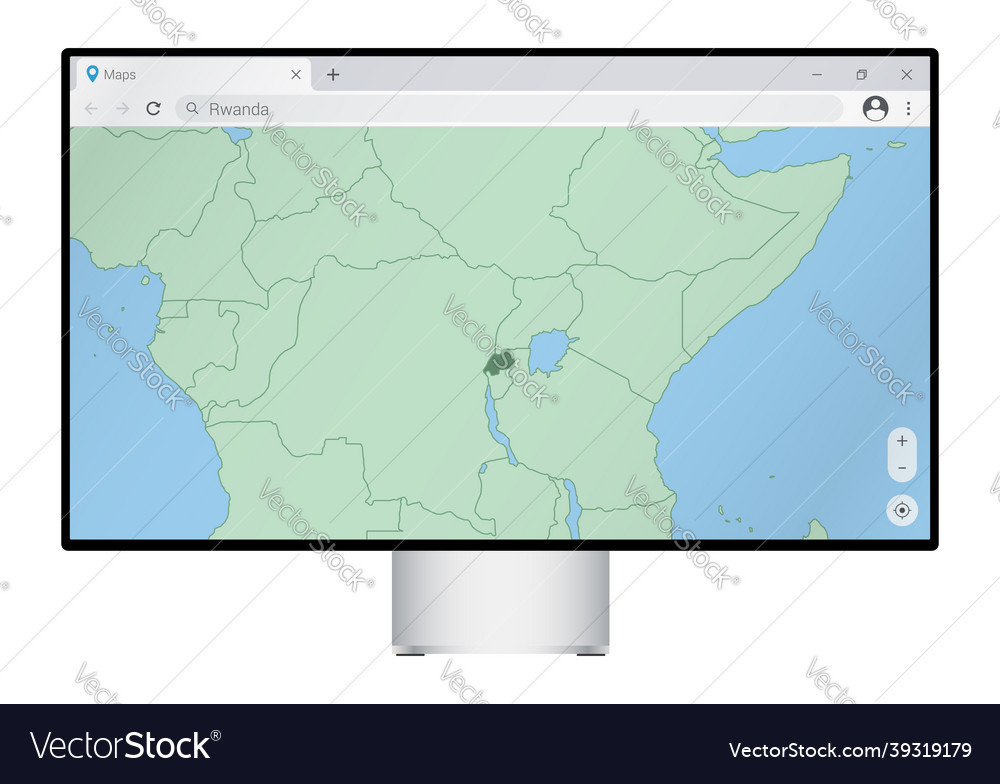 Computer monitor with map of rwanda in browser