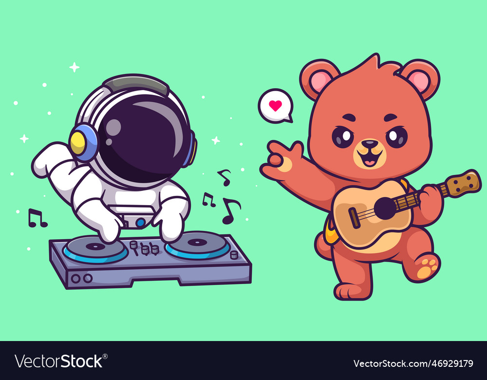 Cute bear playing guitar with metal hand