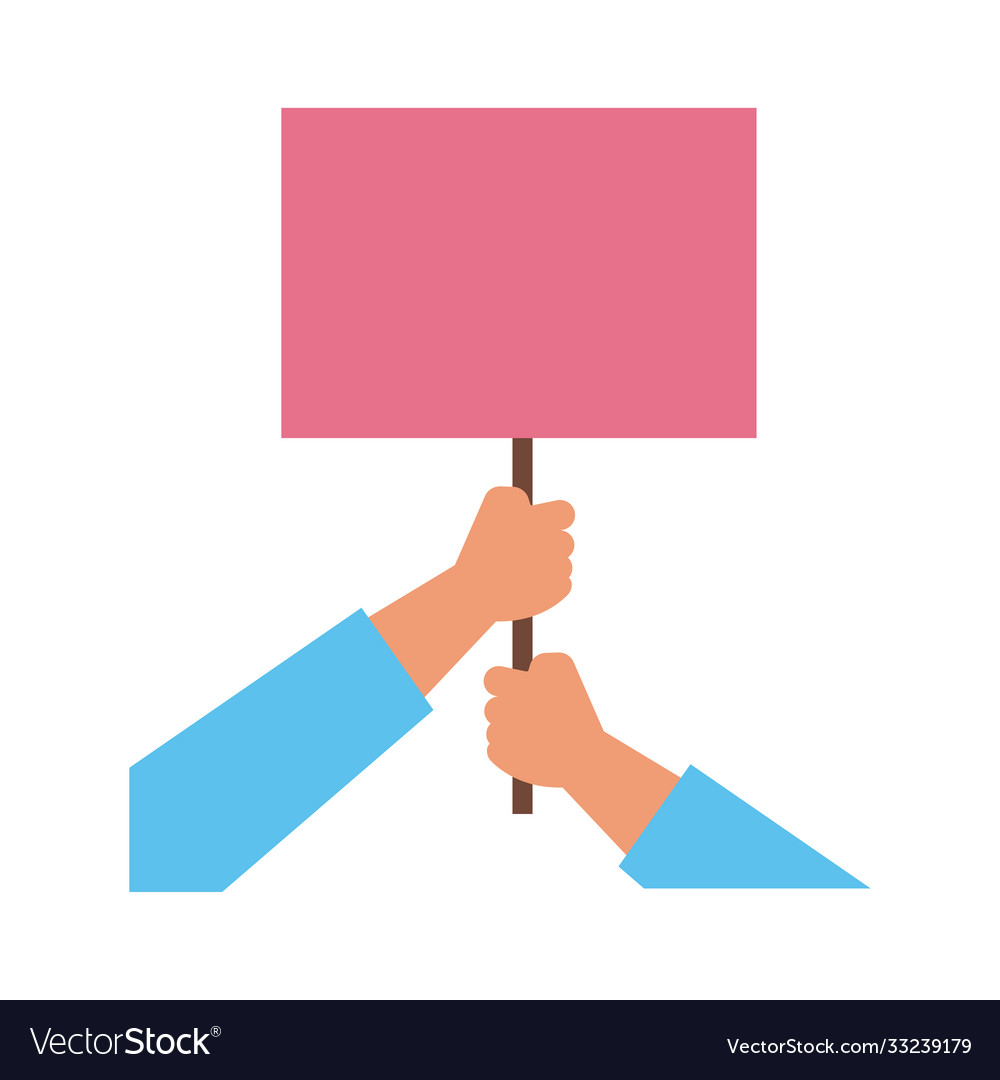 Hands humans with protest square banner flat style