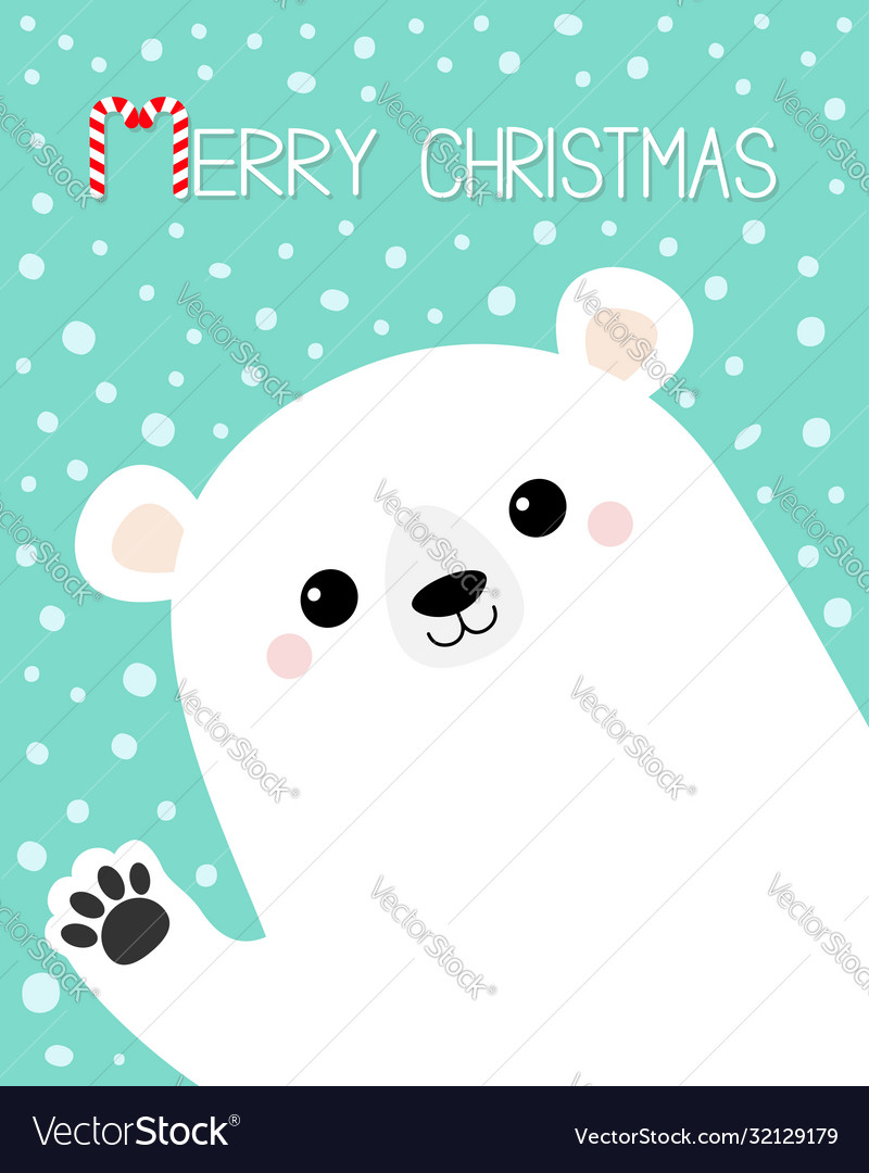 Merry christmas white polar bear waving hand paw