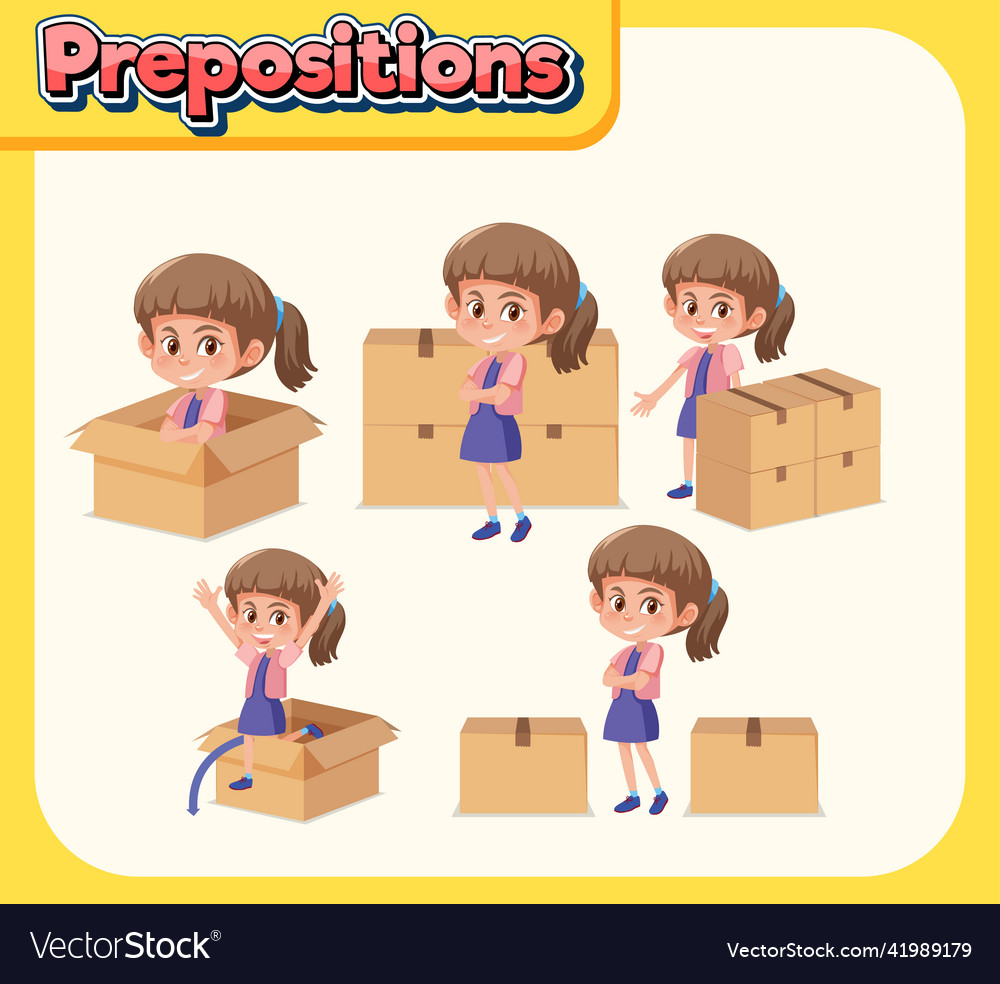 Preposition wordcard with girl and boxes Vector Image