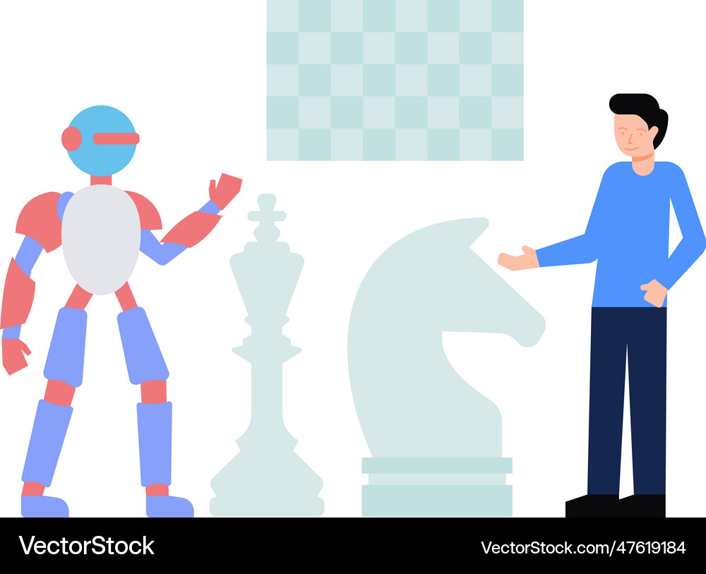 A boy is playing chess with a robot Royalty Free Vector