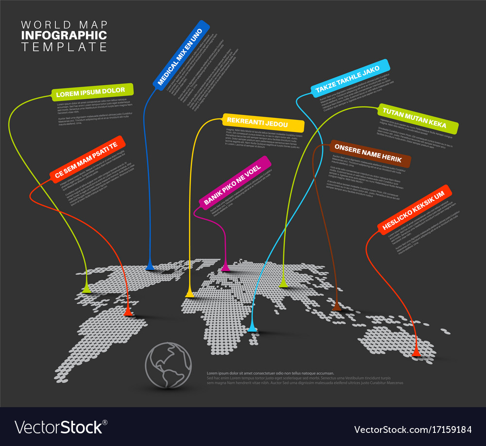 Infographic dark world map with pointer marks