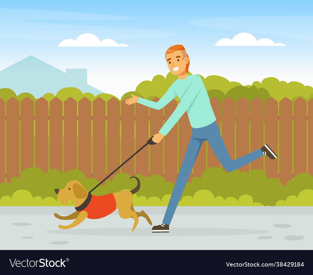 Laughing man pet owner walking his dog running Vector Image