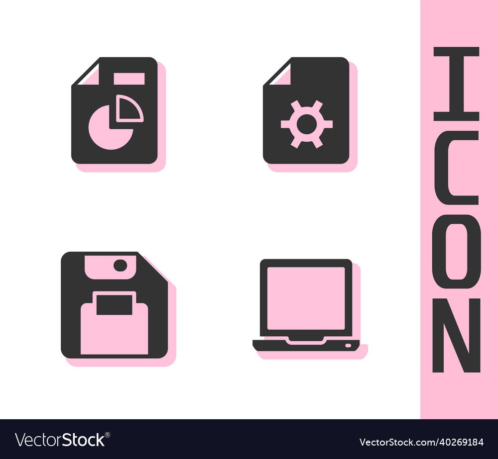 Set laptop document with graph chart floppy disk vector image Set laptop document with graph chart floppy disk
