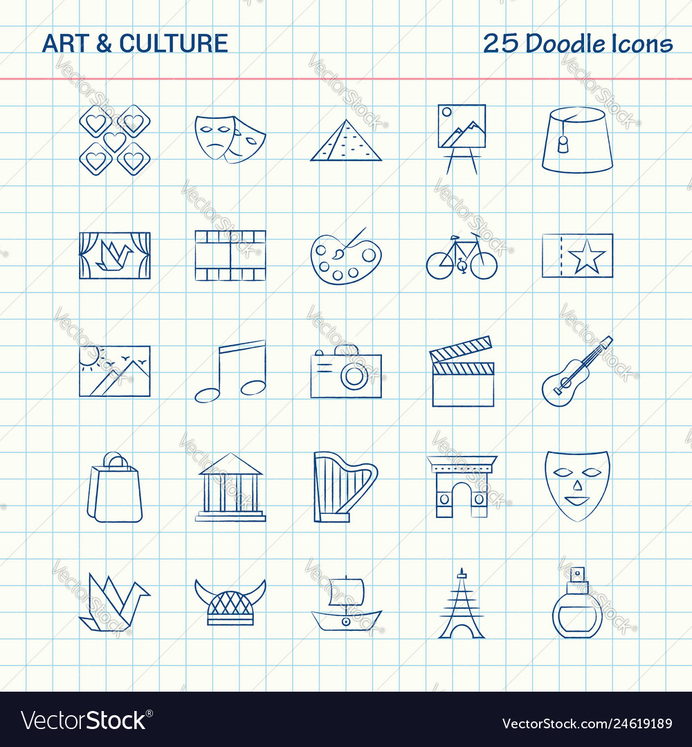 Art and culture 25 doodle icons hand drawn Vector Image