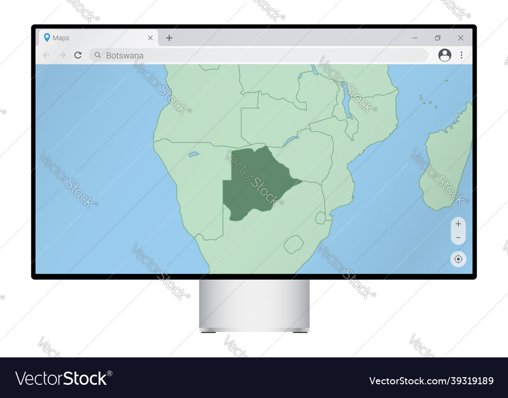 Computer monitor with map of botswana in browser